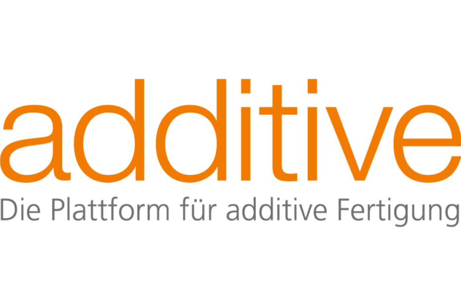 Das Logo von additive in orangener Schrift. Darunter ist der Claim „Die Plattform für additive Fertigung“ in grau abgebildet.