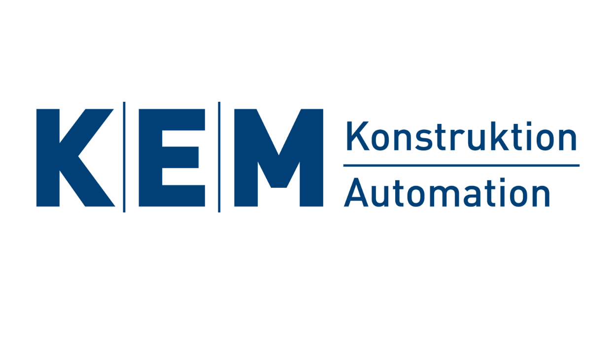 Das Logo der KEM Konstruktion|Automation in einer blauen Schrift auf einem weißen Hintergrund.