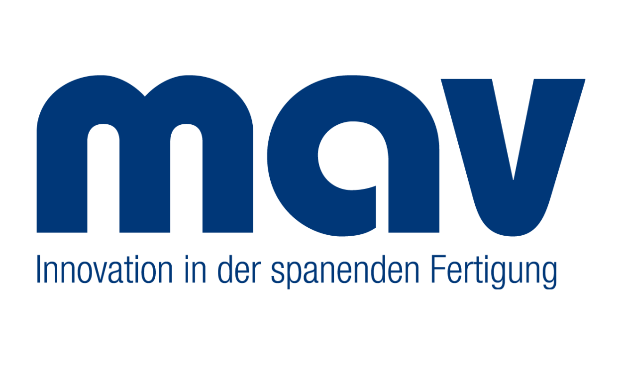 Das Logo der mav: Die blauen Buchstaben mav stehen im Fokus und darunter ist der Claim „Innovationen in der spanenden Fertigung“ gesetzt.