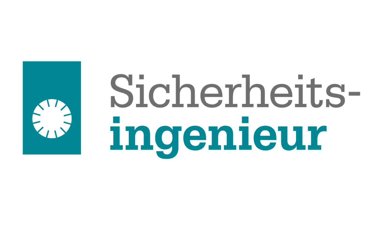 Das Logo des Fachmagazins Sicherheitsingenieur: auf der linken Seite ist ein petrolfarbenes Rechteck mit einem Plakettenicon abgebildet. Rechts davon ist das Wort Sicherheitsingenieur zu erkennen.