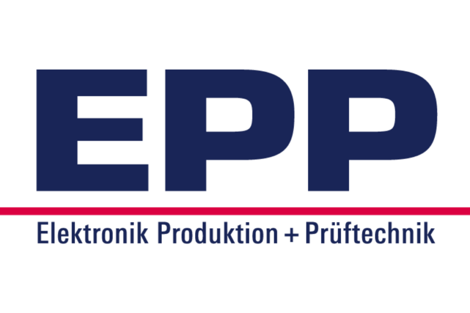 Das Wortbild-Logo der EPP: Die Buchstaben EPP in blauer Schrift auf weißem Hintergrund. Unter den Buchstaben ziert ein magentafarbenen Strich das Logo, der durch die blaue Schrift „Elektronik Produktion + Prüftechnik“ ergänzt wird.