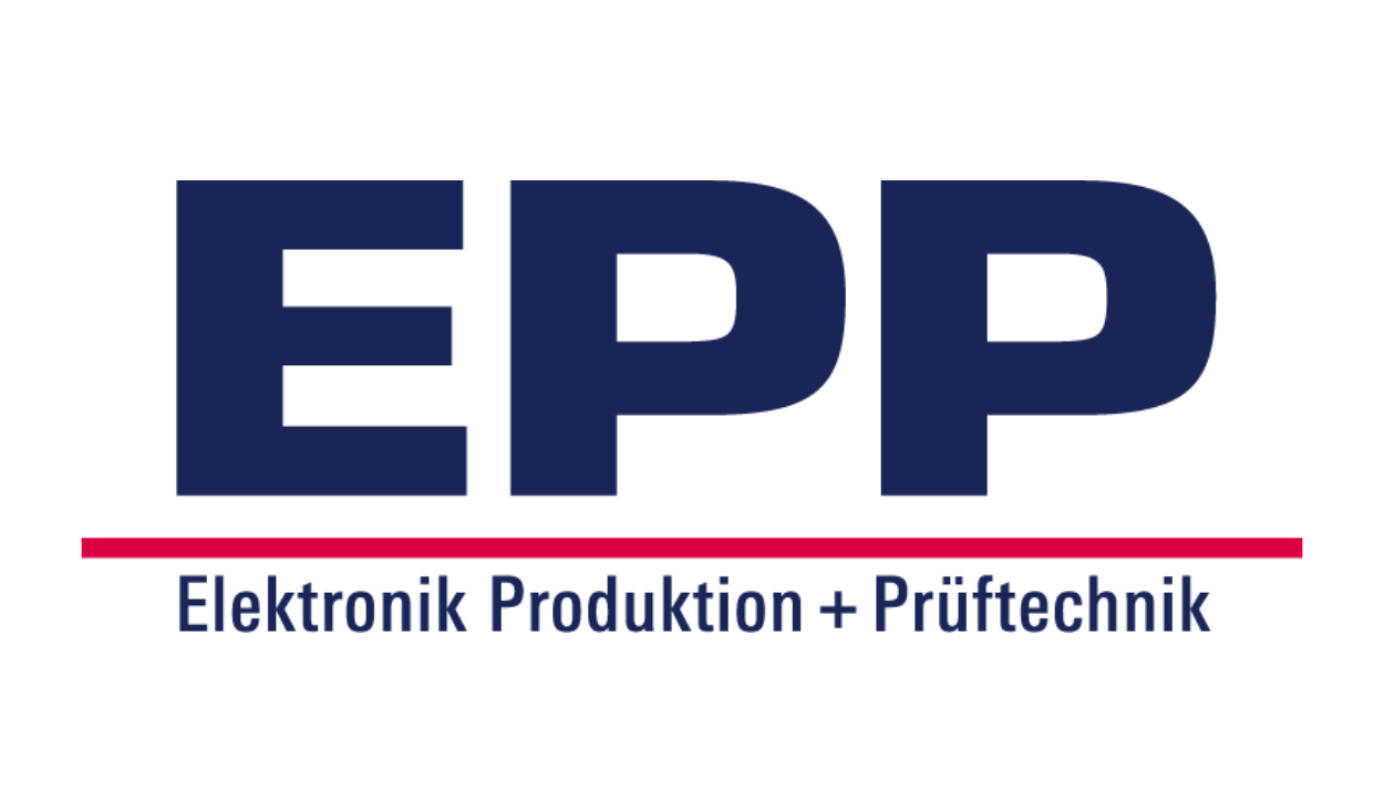 Das Wortbild-Logo der EPP: Die Buchstaben EPP in blauer Schrift auf weißem Hintergrund. Unter den Buchstaben ziert ein magentafarbenen Strich das Logo, der durch die blaue Schrift „Elektronik Produktion + Prüftechnik“ ergänzt wird.